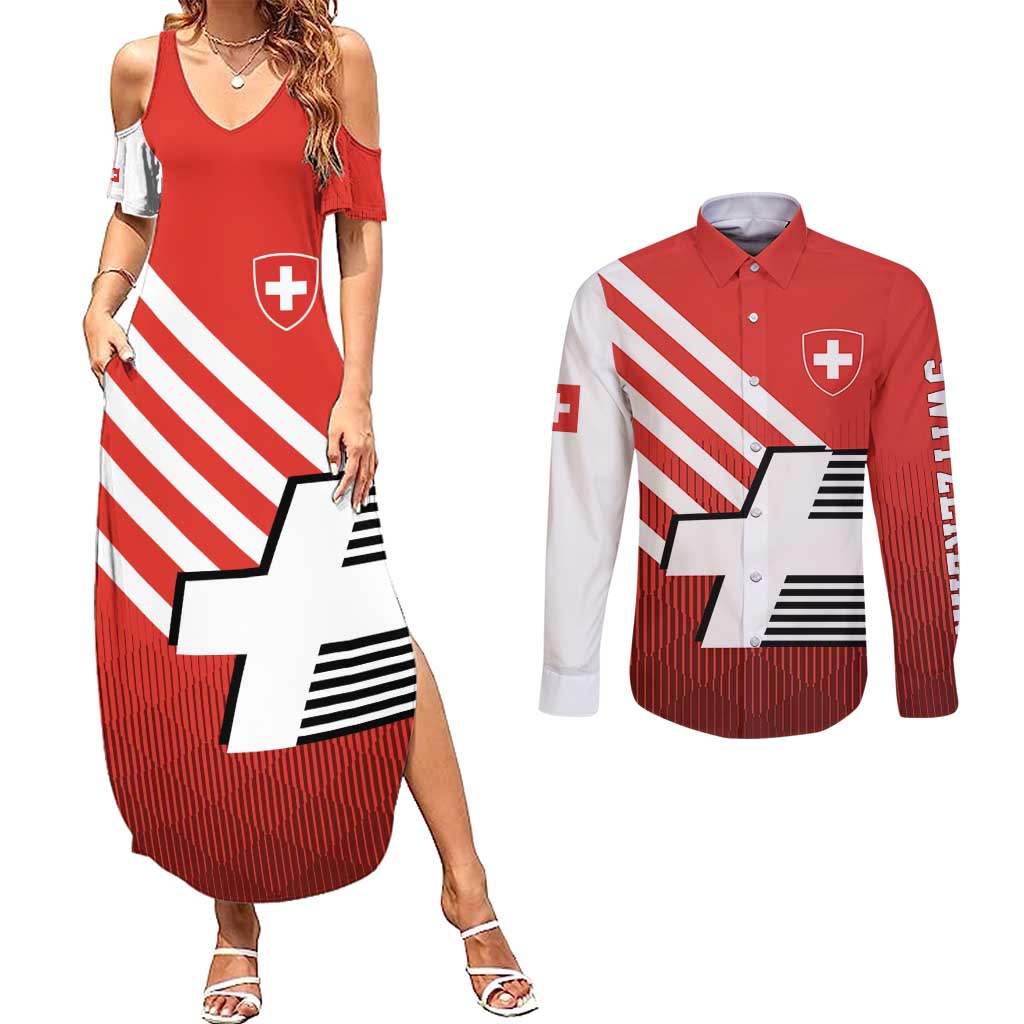 Switzerland Coat of Arms Couples Matching Summer Maxi Dress and Long Sleeve Button Shirt Swiss Greek cross