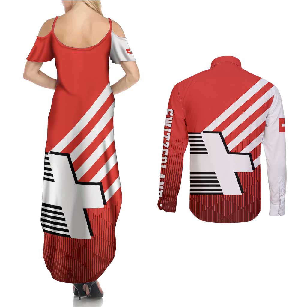 Switzerland Coat of Arms Couples Matching Summer Maxi Dress and Long Sleeve Button Shirt Swiss Greek cross