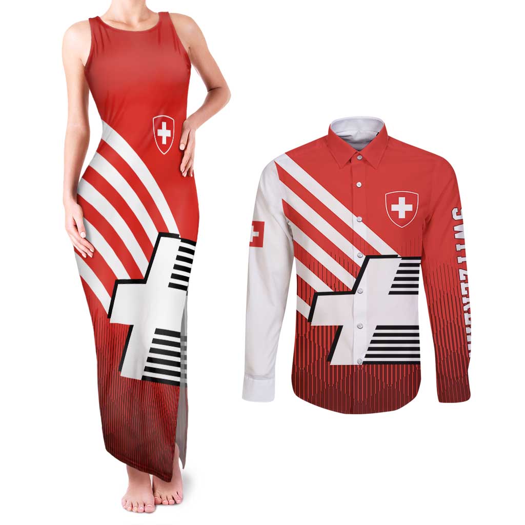 Switzerland Coat of Arms Couples Matching Tank Maxi Dress and Long Sleeve Button Shirt Swiss Greek cross