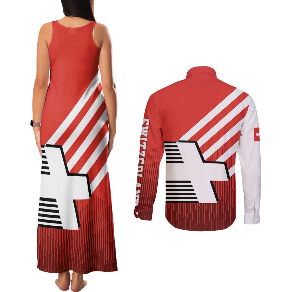 Switzerland Coat of Arms Couples Matching Tank Maxi Dress and Long Sleeve Button Shirt Swiss Greek cross
