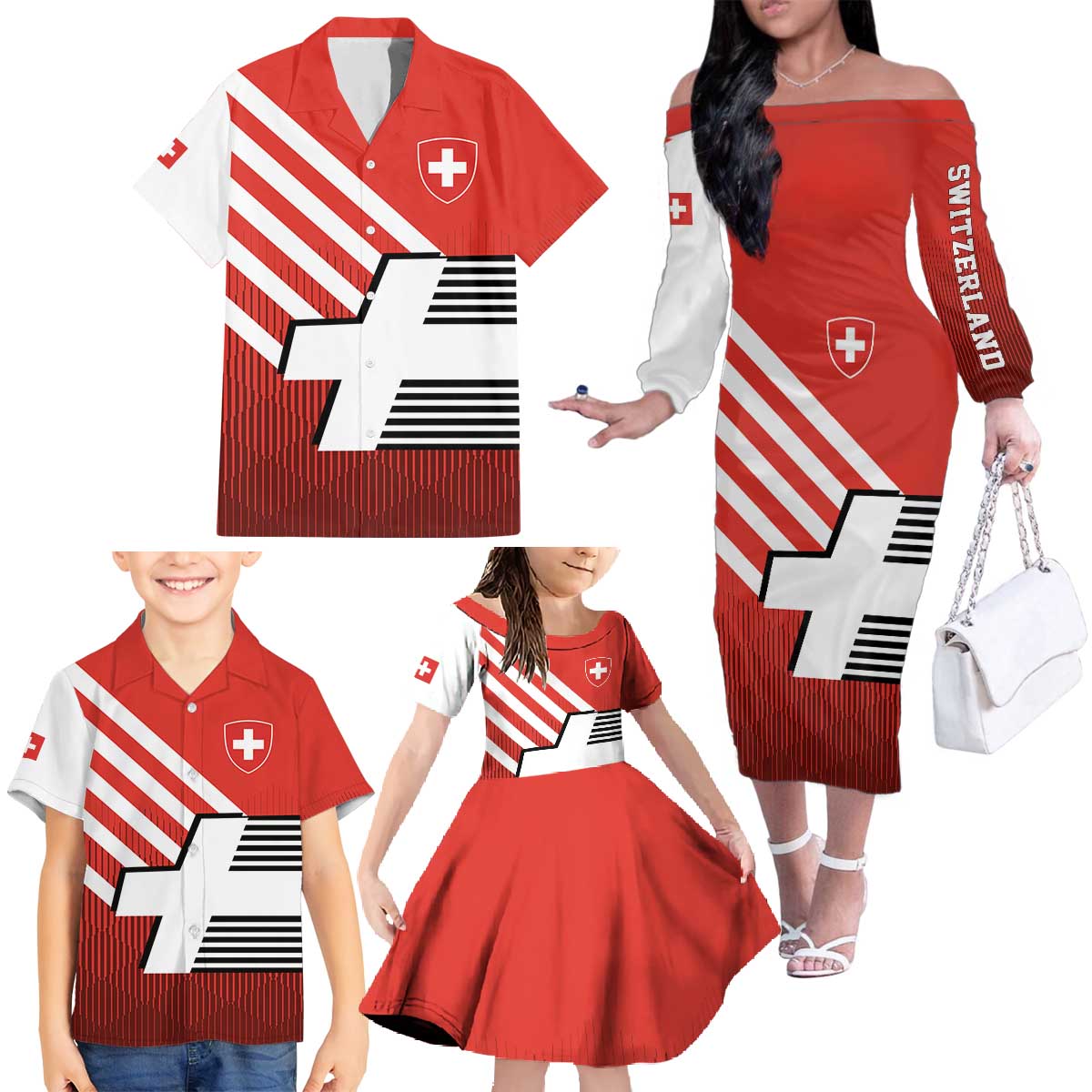 Switzerland Coat of Arms Family Matching Off The Shoulder Long Sleeve Dress and Hawaiian Shirt Swiss Greek cross