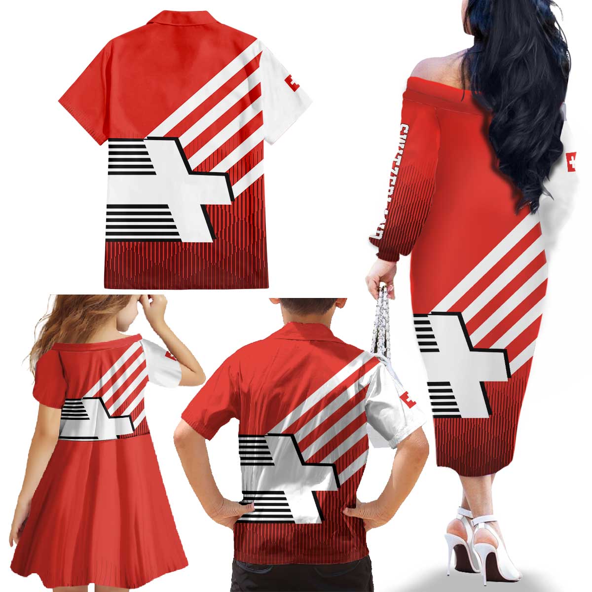 Switzerland Coat of Arms Family Matching Off The Shoulder Long Sleeve Dress and Hawaiian Shirt Swiss Greek cross