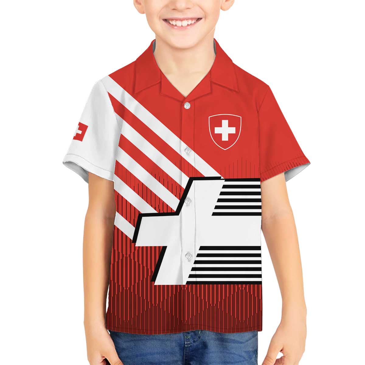 Switzerland Coat of Arms Family Matching Off The Shoulder Long Sleeve Dress and Hawaiian Shirt Swiss Greek cross