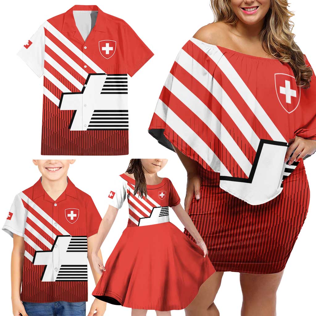 Switzerland Coat of Arms Family Matching Off Shoulder Short Dress and Hawaiian Shirt Swiss Greek cross