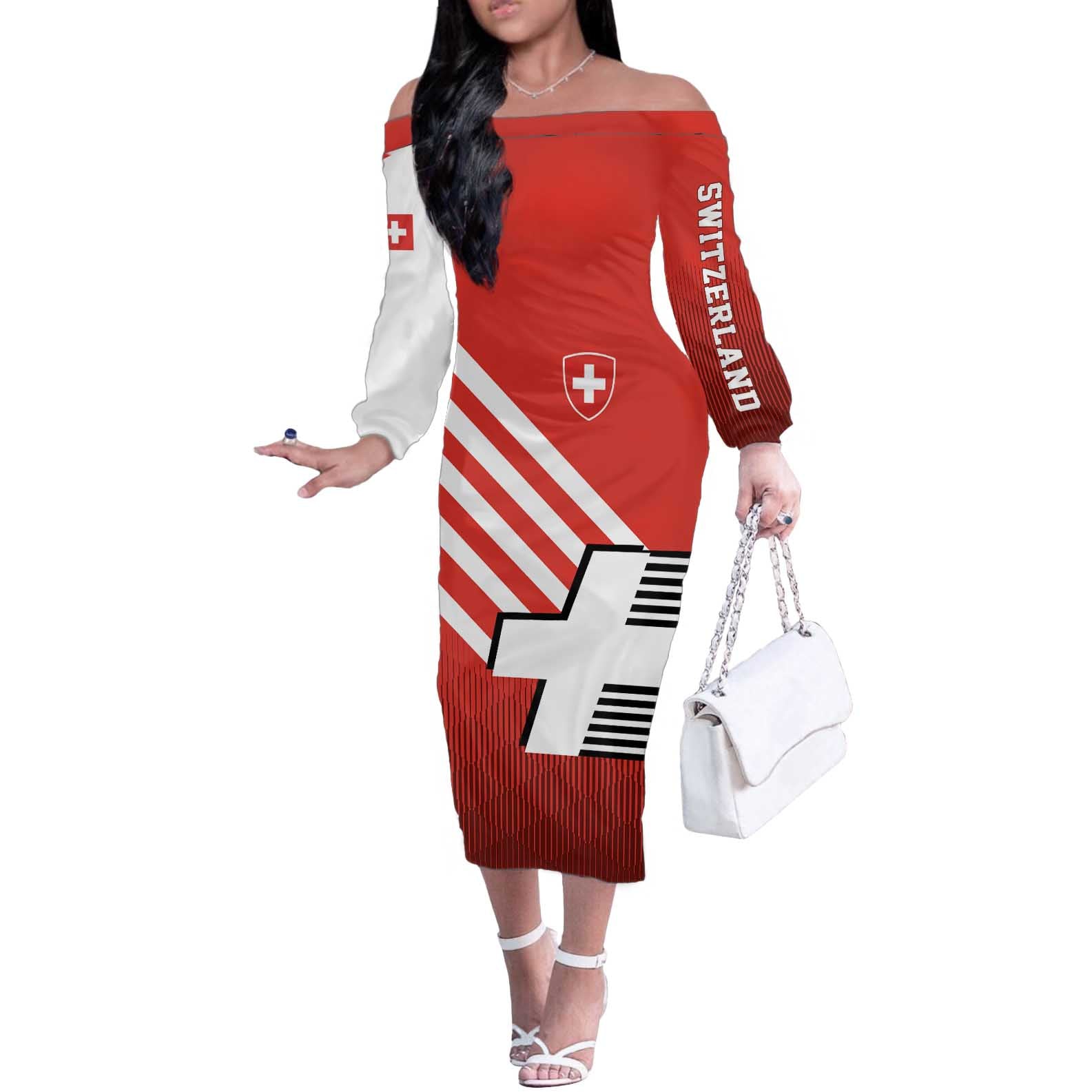 Switzerland Coat of Arms Off The Shoulder Long Sleeve Dress Swiss Greek cross