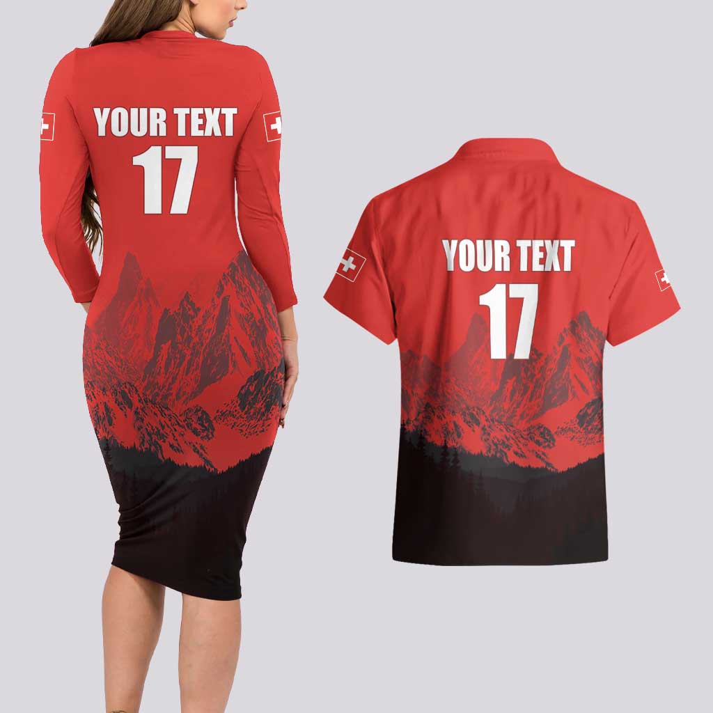 Custom Switzerland Football Couples Matching Long Sleeve Bodycon Dress and Hawaiian Shirt Swiss Alps