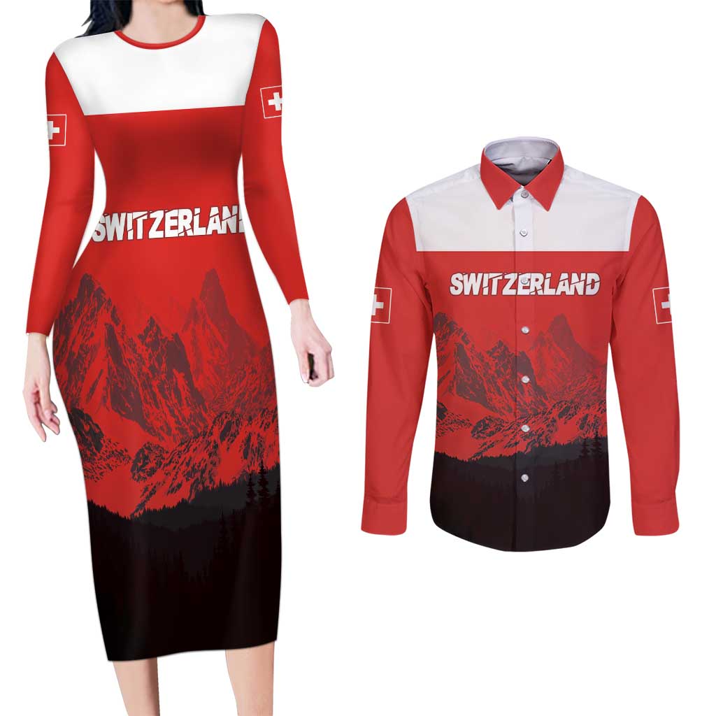 Custom Switzerland Football Couples Matching Long Sleeve Bodycon Dress and Long Sleeve Button Shirt Swiss Alps