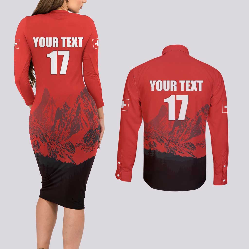 Custom Switzerland Football Couples Matching Long Sleeve Bodycon Dress and Long Sleeve Button Shirt Swiss Alps