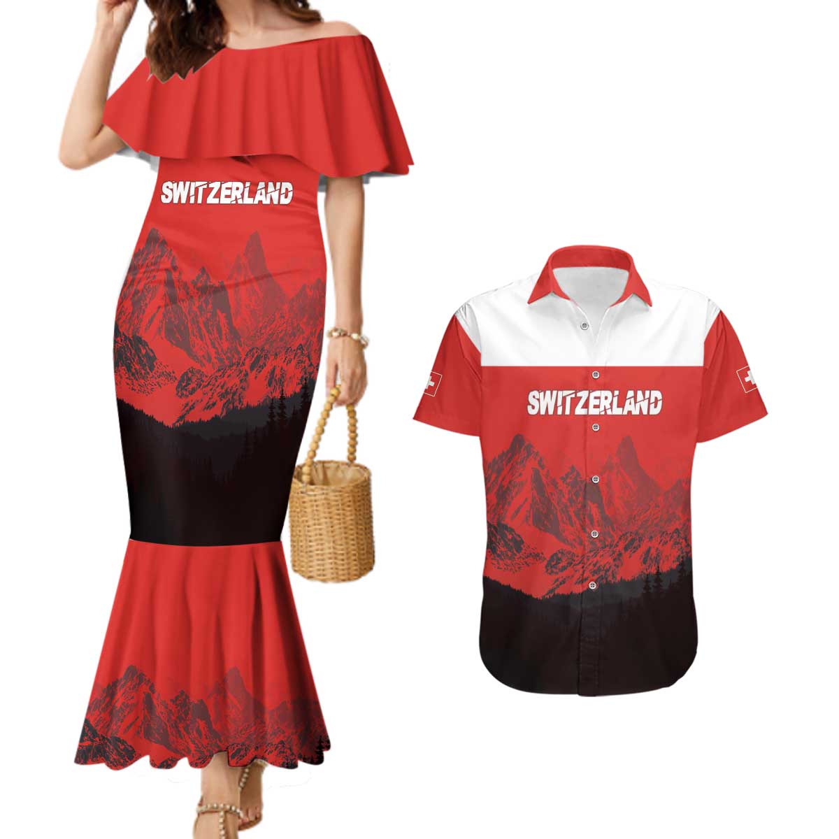Custom Switzerland Football Couples Matching Mermaid Dress and Hawaiian Shirt Swiss Alps