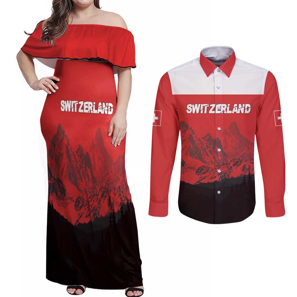 Custom Switzerland Football Couples Matching Off Shoulder Maxi Dress and Long Sleeve Button Shirt Swiss Alps