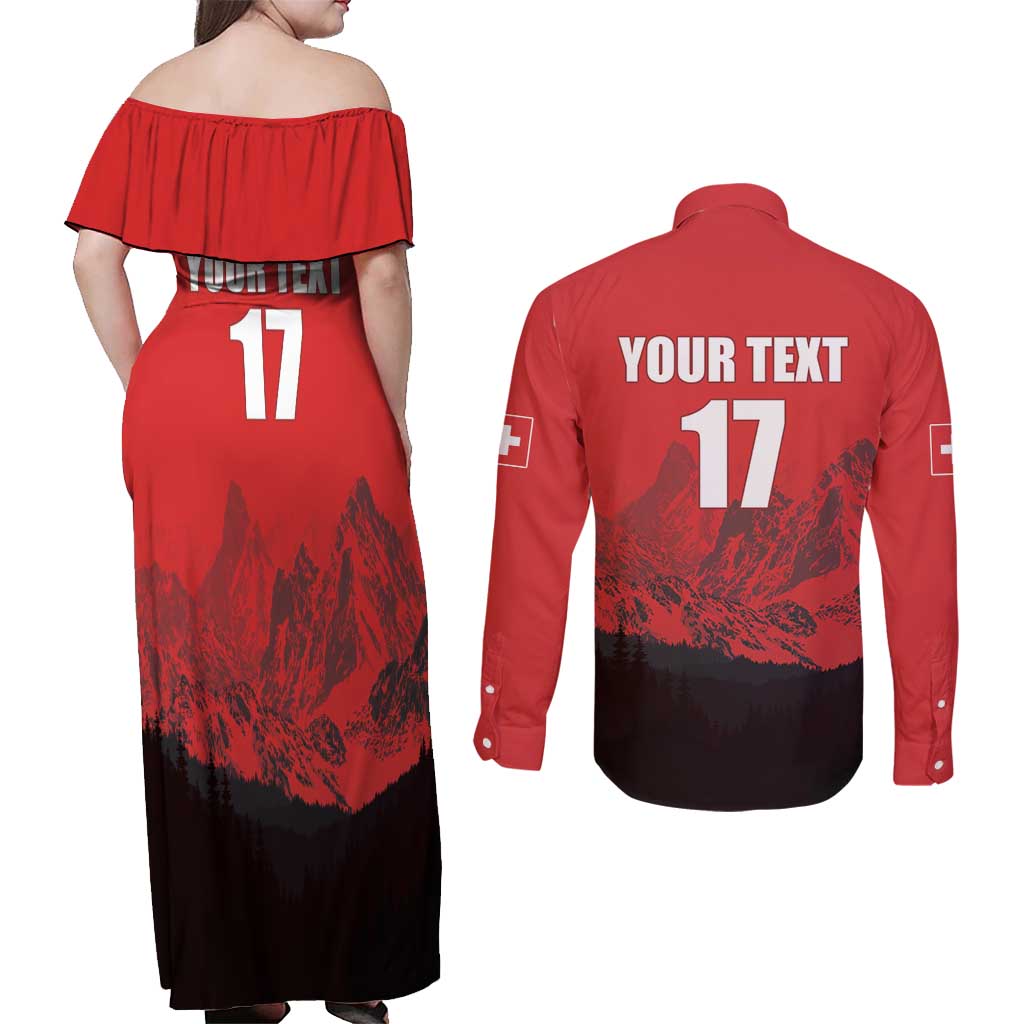 Custom Switzerland Football Couples Matching Off Shoulder Maxi Dress and Long Sleeve Button Shirt Swiss Alps
