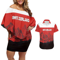 Custom Switzerland Football Couples Matching Off Shoulder Short Dress and Hawaiian Shirt Swiss Alps
