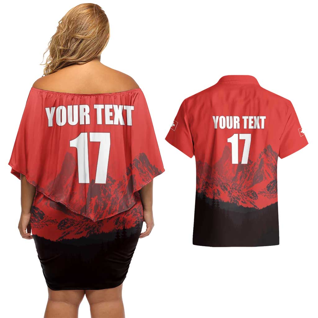 Custom Switzerland Football Couples Matching Off Shoulder Short Dress and Hawaiian Shirt Swiss Alps