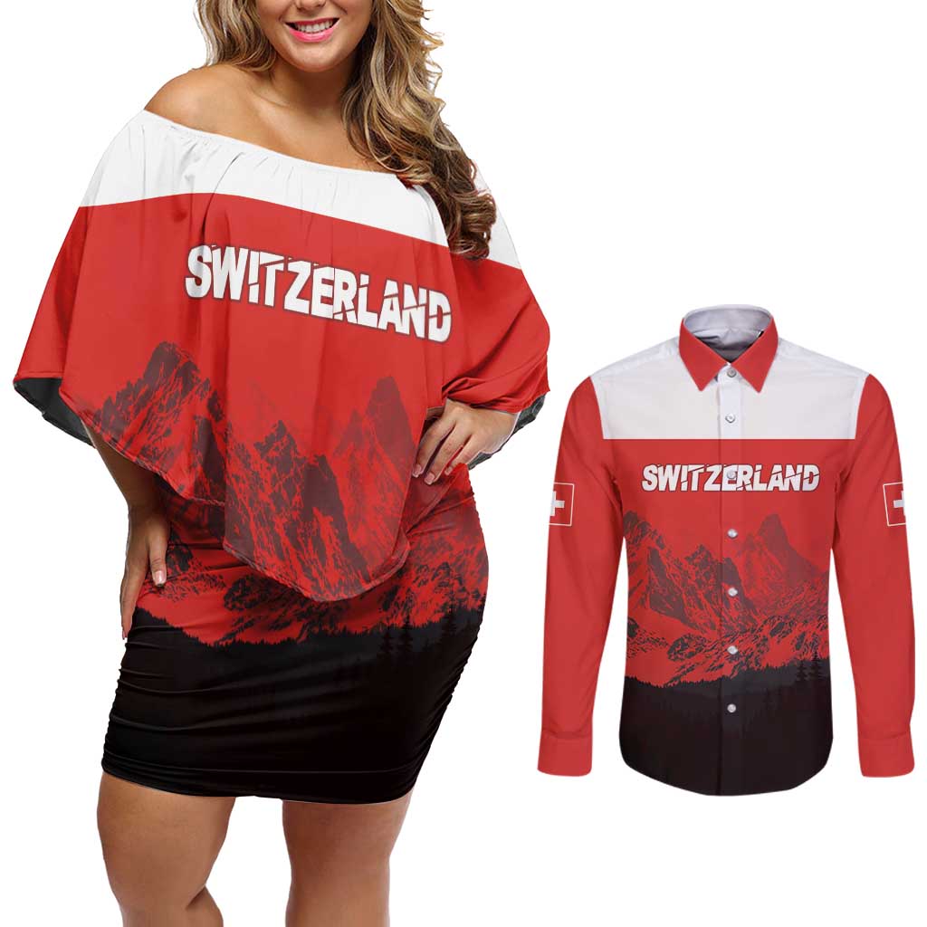 Custom Switzerland Football Couples Matching Off Shoulder Short Dress and Long Sleeve Button Shirt Swiss Alps