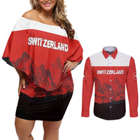 Custom Switzerland Football Couples Matching Off Shoulder Short Dress and Long Sleeve Button Shirt Swiss Alps