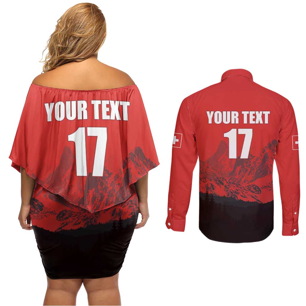 Custom Switzerland Football Couples Matching Off Shoulder Short Dress and Long Sleeve Button Shirt Swiss Alps