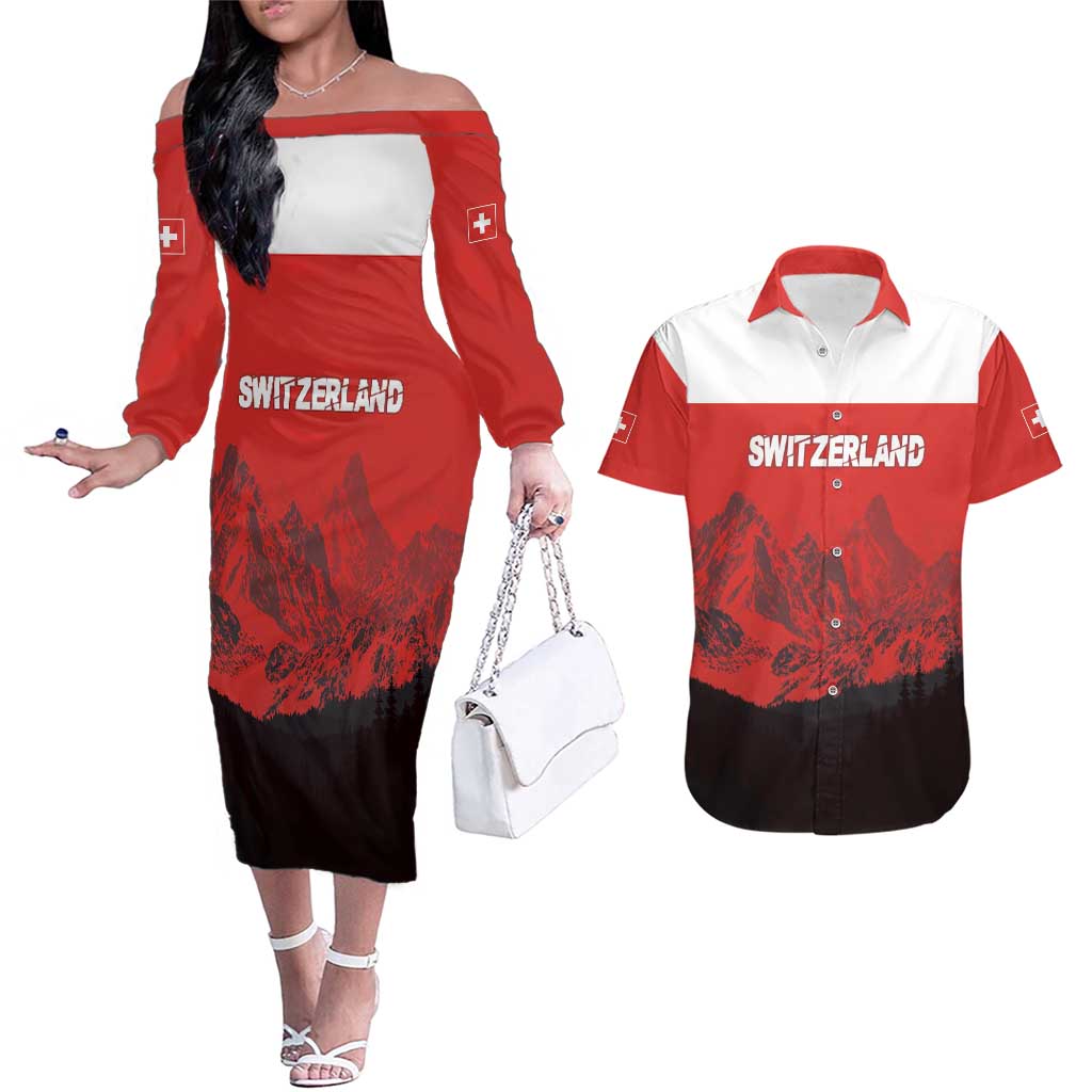 Custom Switzerland Football Couples Matching Off The Shoulder Long Sleeve Dress and Hawaiian Shirt Swiss Alps