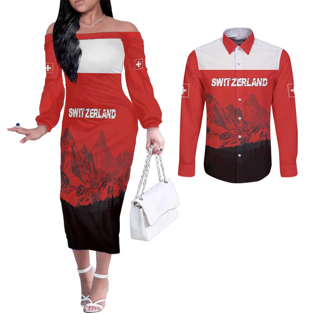 Custom Switzerland Football Couples Matching Off The Shoulder Long Sleeve Dress and Long Sleeve Button Shirt Swiss Alps