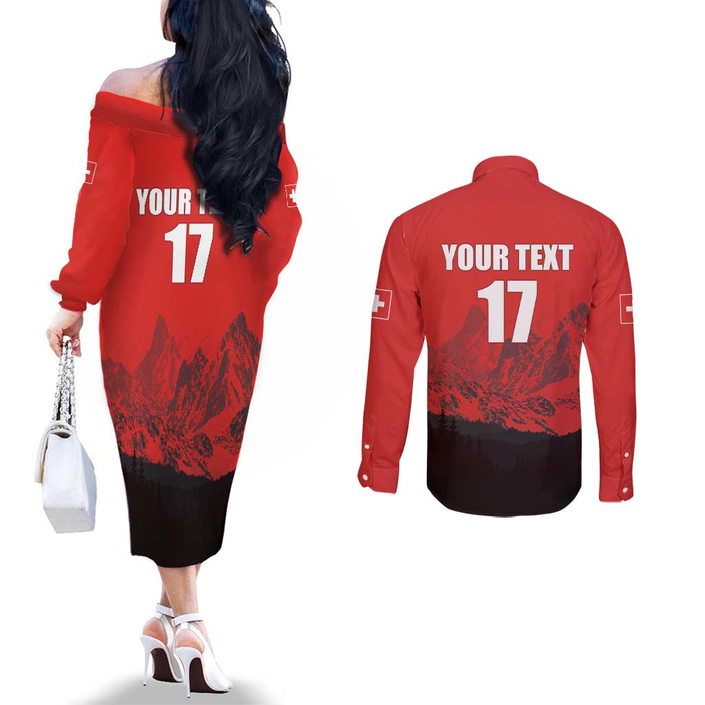 Custom Switzerland Football Couples Matching Off The Shoulder Long Sleeve Dress and Long Sleeve Button Shirt Swiss Alps