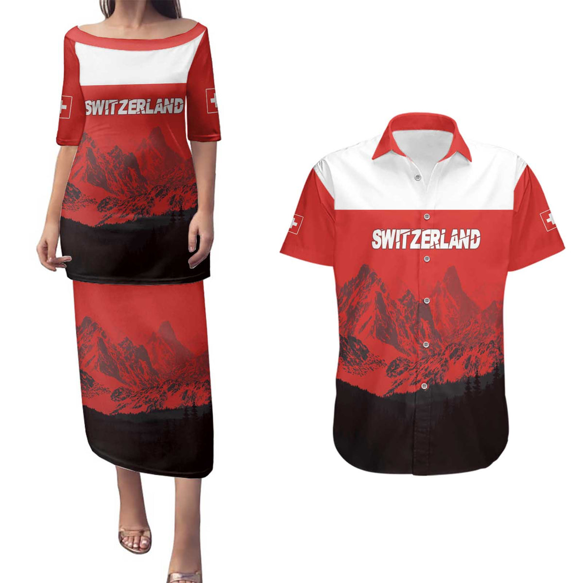 Custom Switzerland Football Couples Matching Puletasi and Hawaiian Shirt Swiss Alps