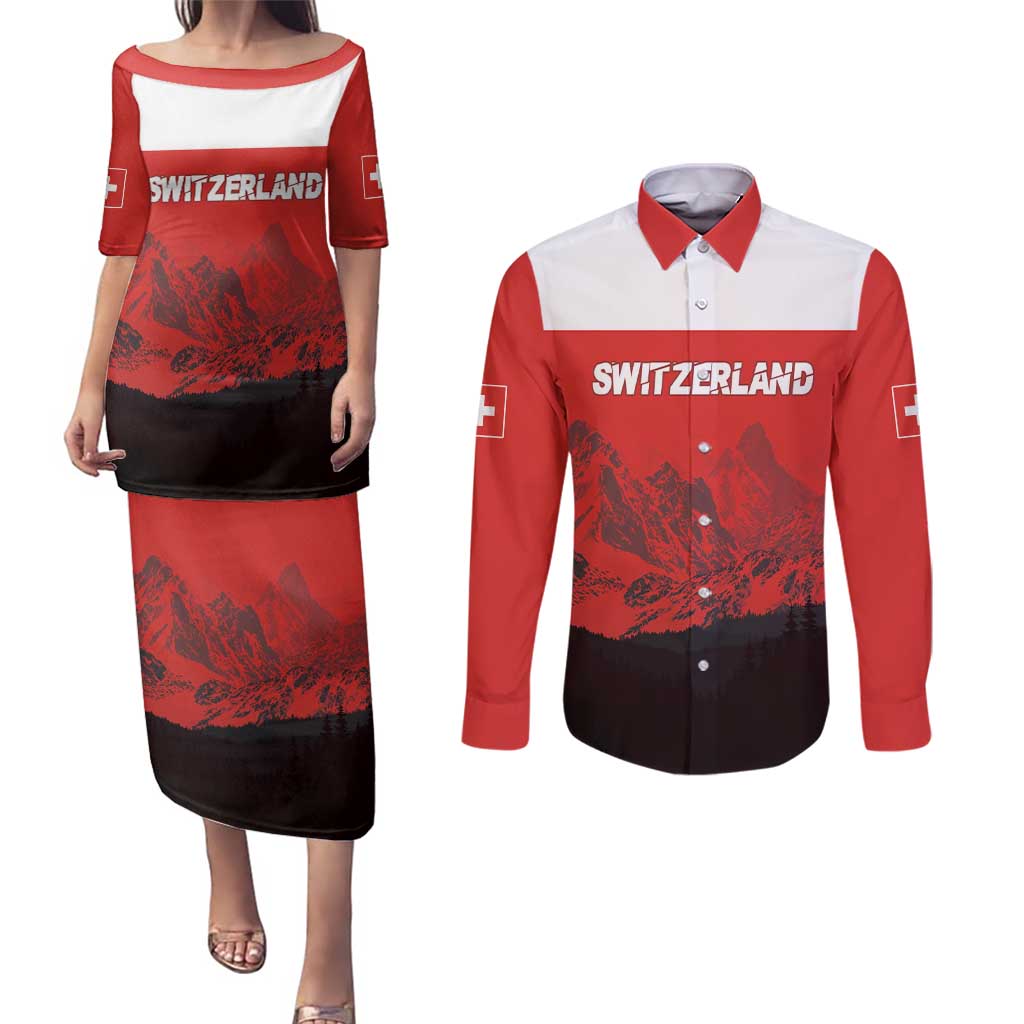 Custom Switzerland Football Couples Matching Puletasi and Long Sleeve Button Shirt Swiss Alps