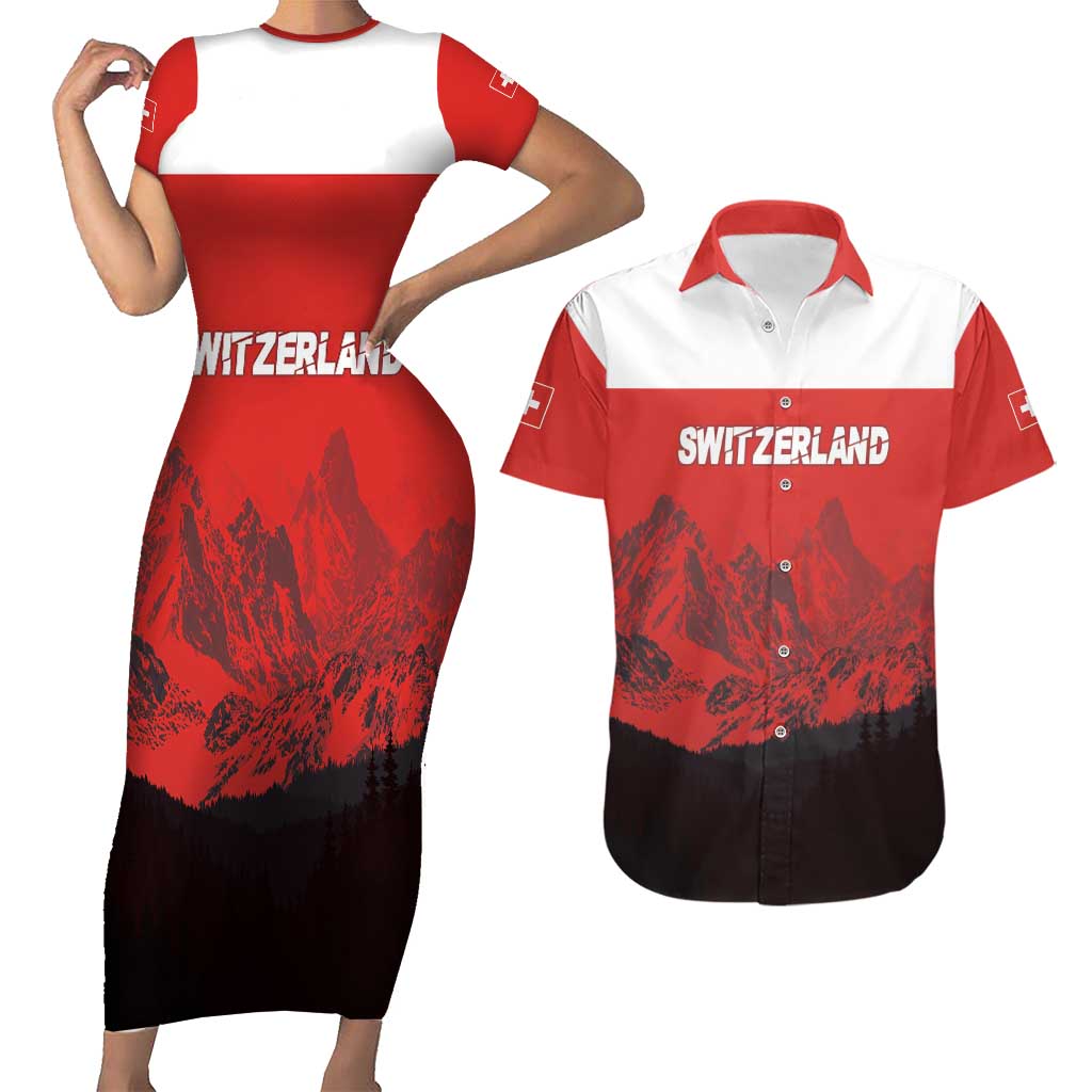 Custom Switzerland Football Couples Matching Short Sleeve Bodycon Dress and Hawaiian Shirt Swiss Alps