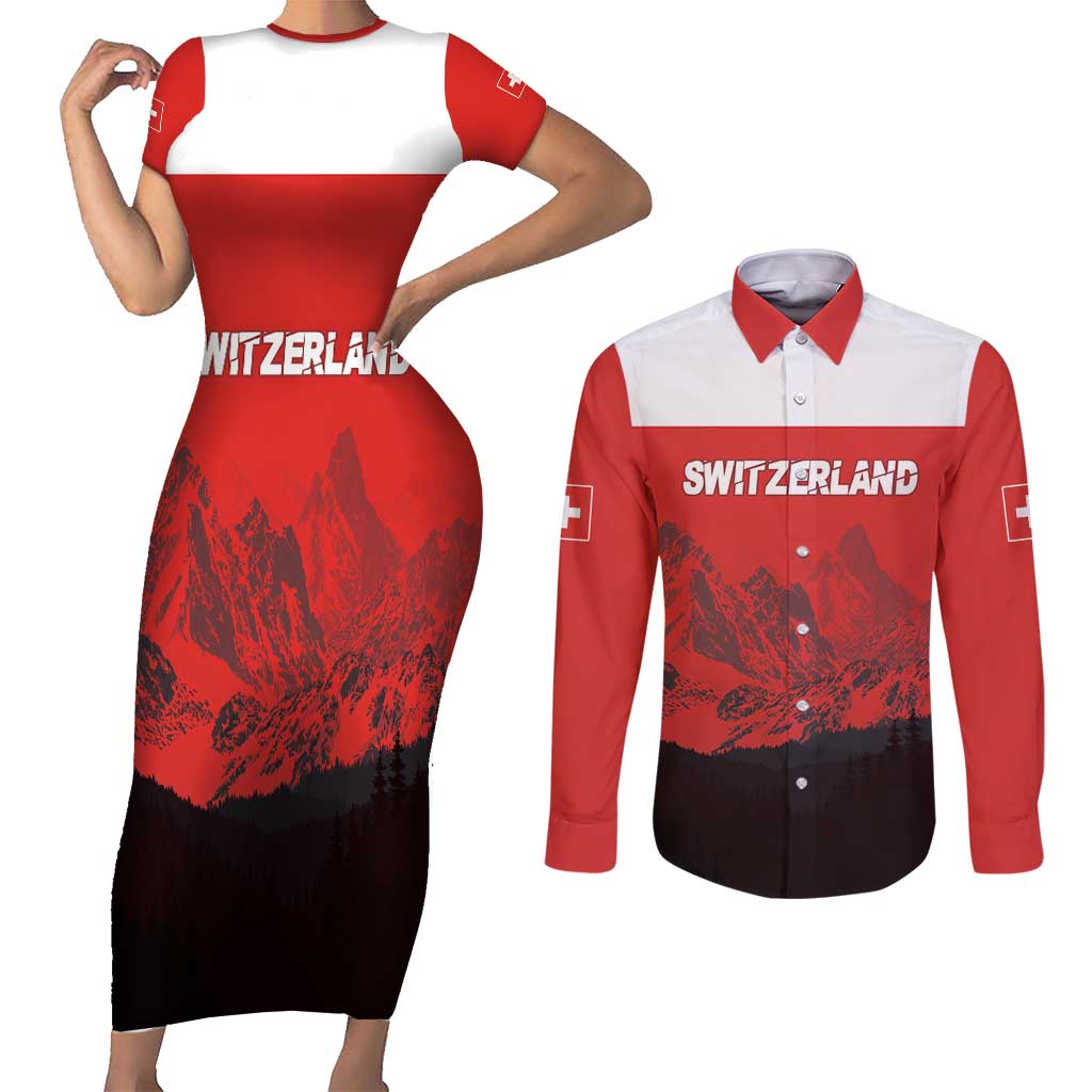 Custom Switzerland Football Couples Matching Short Sleeve Bodycon Dress and Long Sleeve Button Shirt Swiss Alps