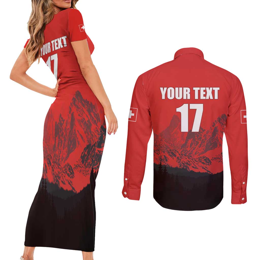Custom Switzerland Football Couples Matching Short Sleeve Bodycon Dress and Long Sleeve Button Shirt Swiss Alps