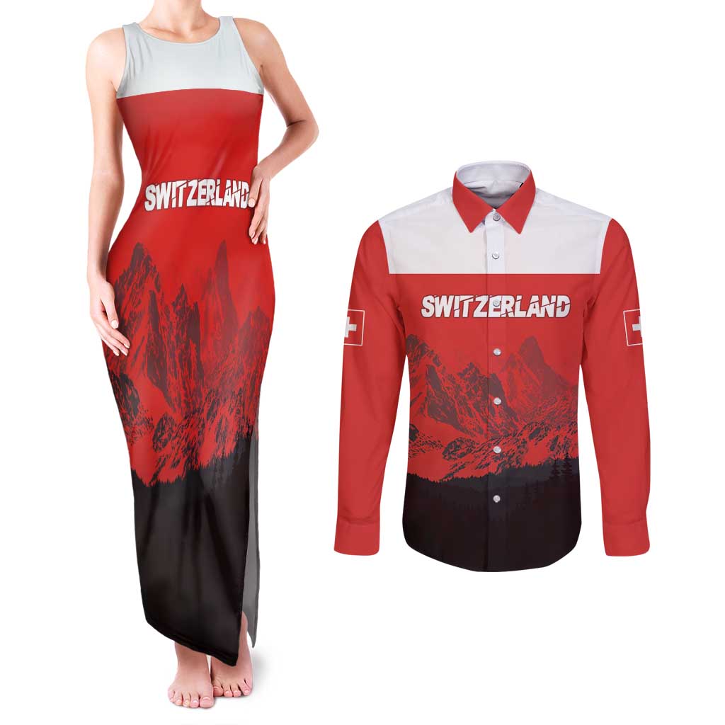 Custom Switzerland Football Couples Matching Tank Maxi Dress and Long Sleeve Button Shirt Swiss Alps