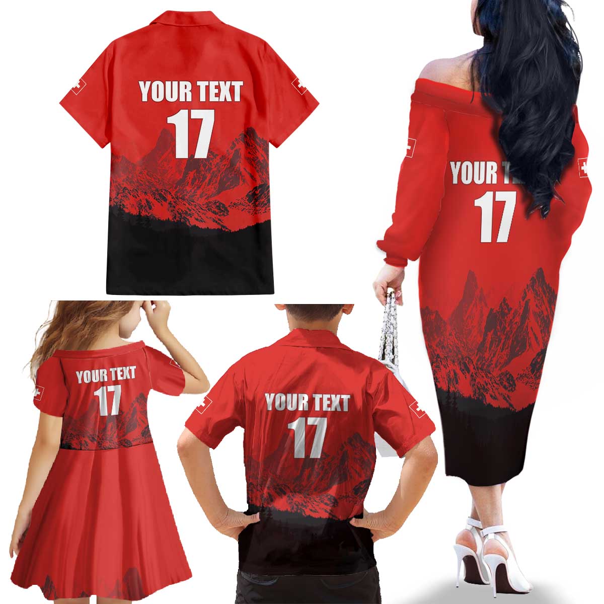 Custom Switzerland Football Family Matching Off The Shoulder Long Sleeve Dress and Hawaiian Shirt Swiss Alps