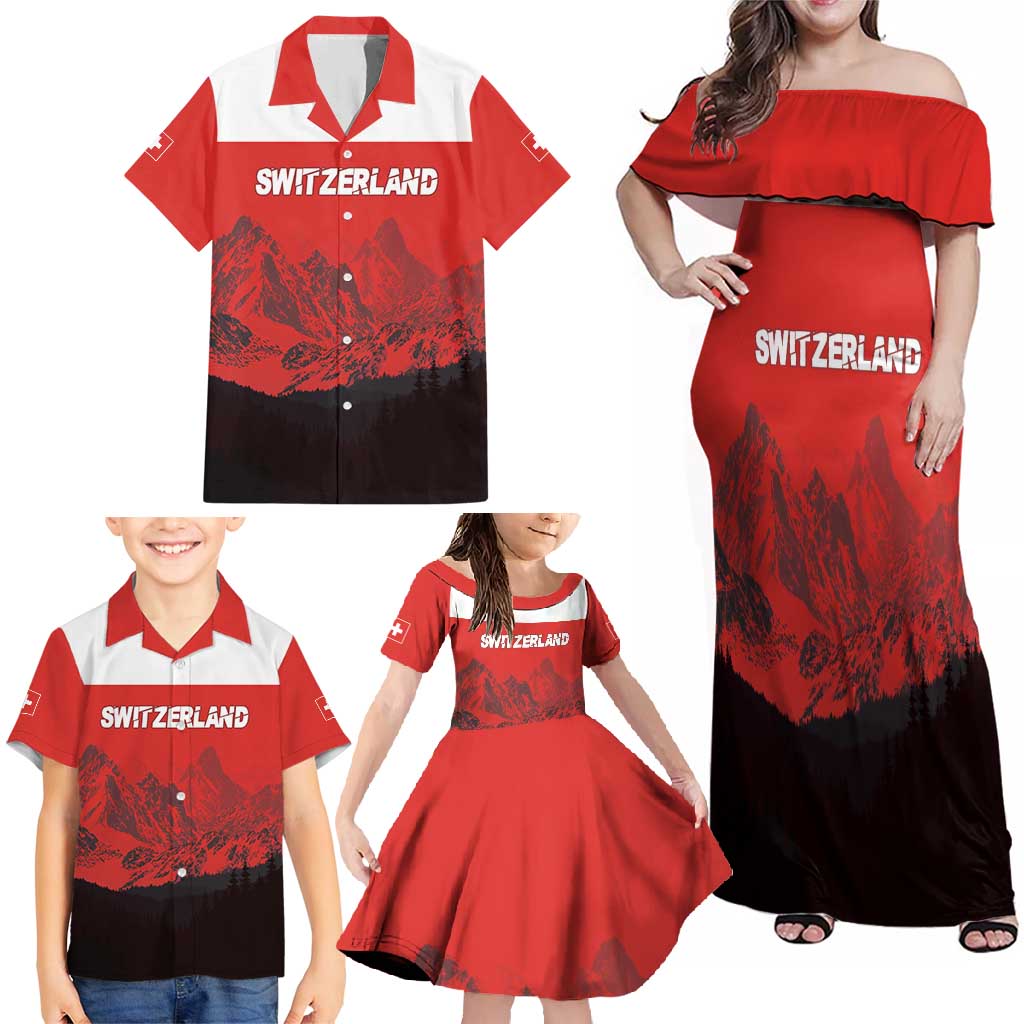 Custom Switzerland Football Family Matching Off Shoulder Maxi Dress and Hawaiian Shirt Swiss Alps