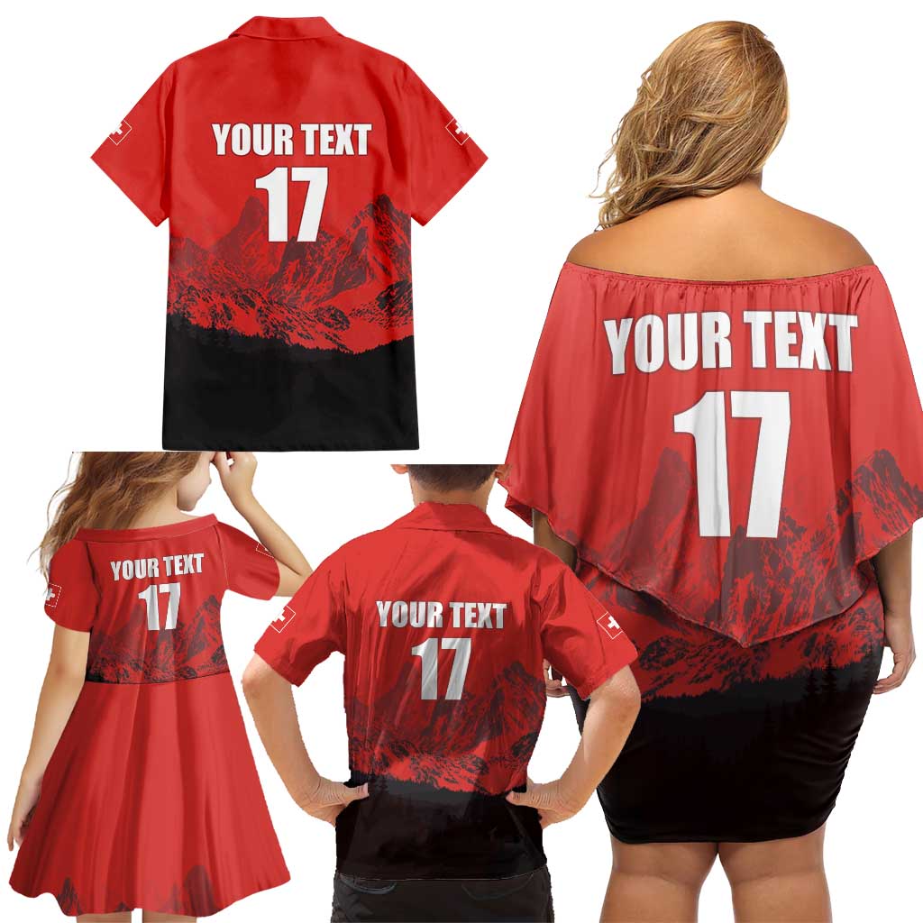 Custom Switzerland Football Family Matching Off Shoulder Short Dress and Hawaiian Shirt Swiss Alps