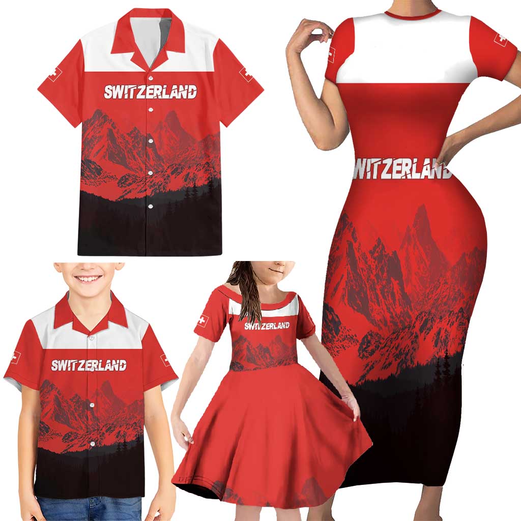 Custom Switzerland Football Family Matching Short Sleeve Bodycon Dress and Hawaiian Shirt Swiss Alps