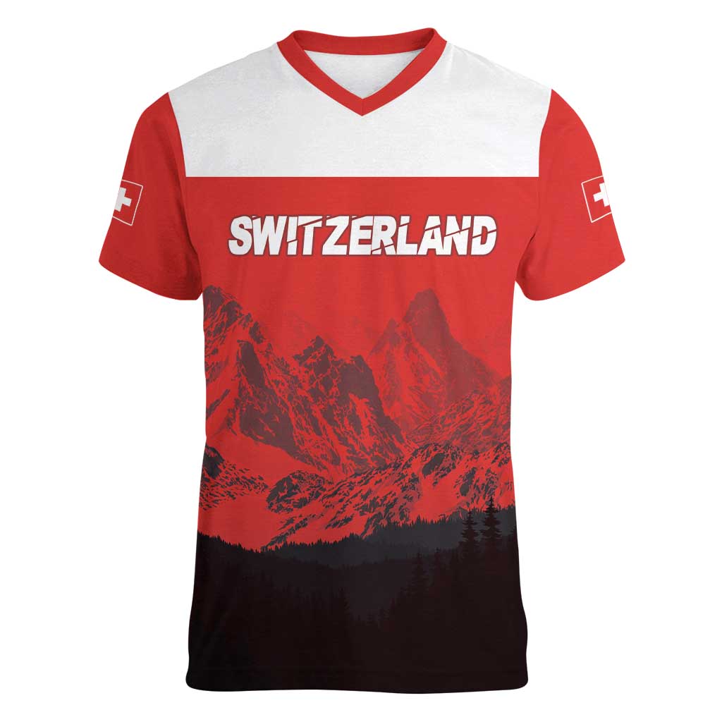 Custom Switzerland Football Women V-Neck T-Shirt Swiss Alps