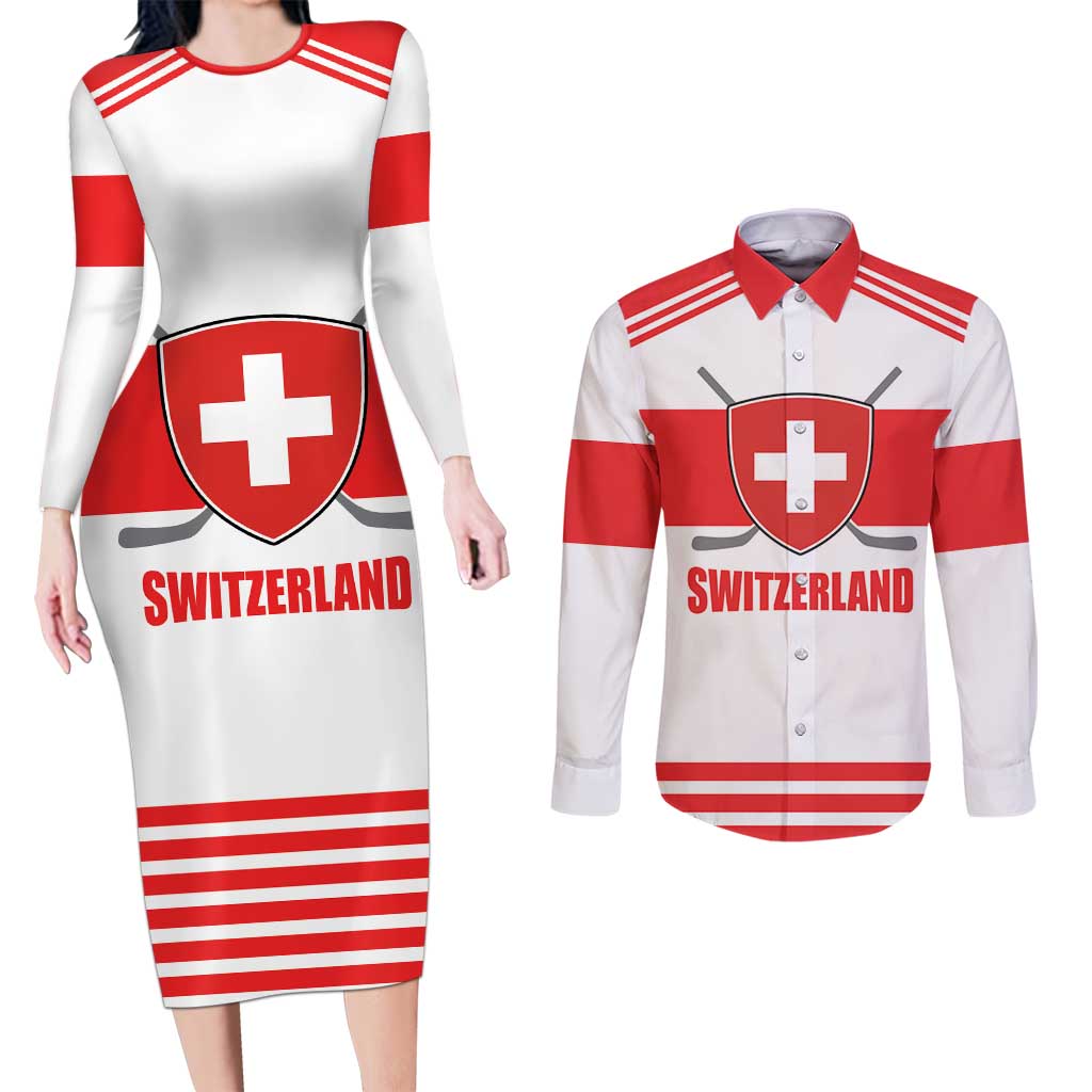 Custom Switzerland Ice Hockey Couples Matching Long Sleeve Bodycon Dress and Long Sleeve Button Shirt Come on La Nati