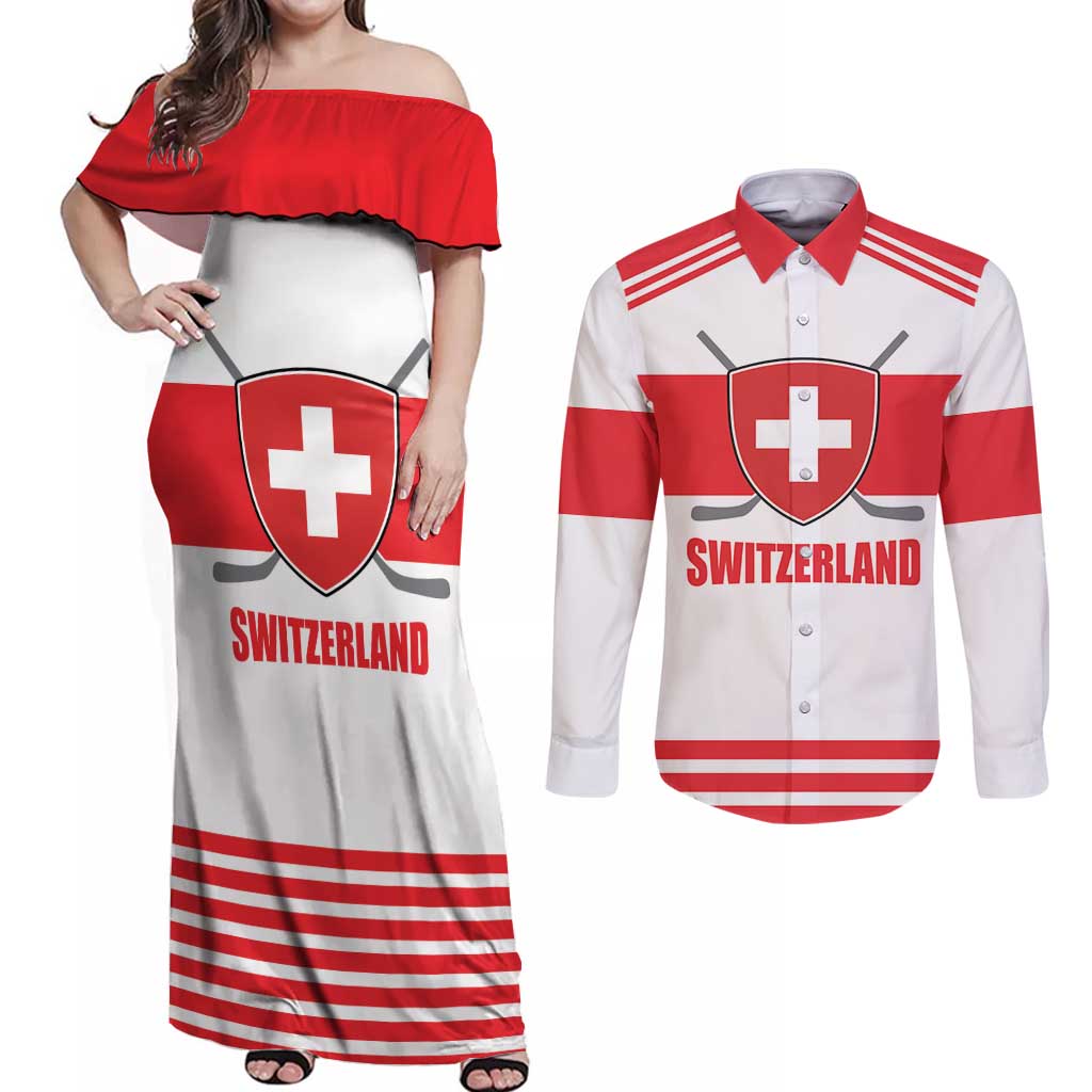 Custom Switzerland Ice Hockey Couples Matching Off Shoulder Maxi Dress and Long Sleeve Button Shirt Come on La Nati
