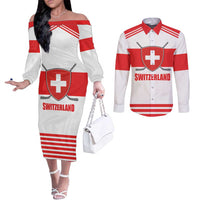 Custom Switzerland Ice Hockey Couples Matching Off The Shoulder Long Sleeve Dress and Long Sleeve Button Shirt Come on La Nati