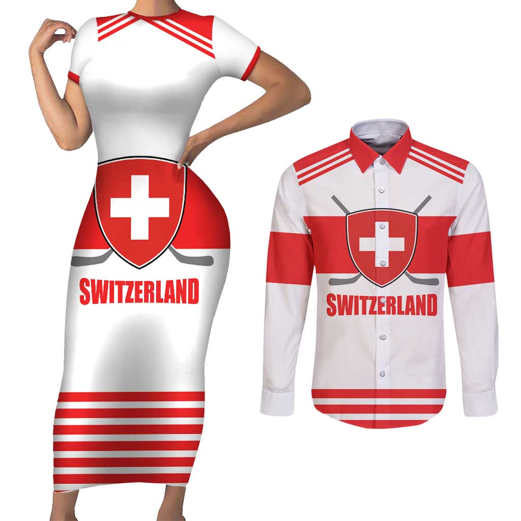 Custom Switzerland Ice Hockey Couples Matching Short Sleeve Bodycon Dress and Long Sleeve Button Shirt Come on La Nati