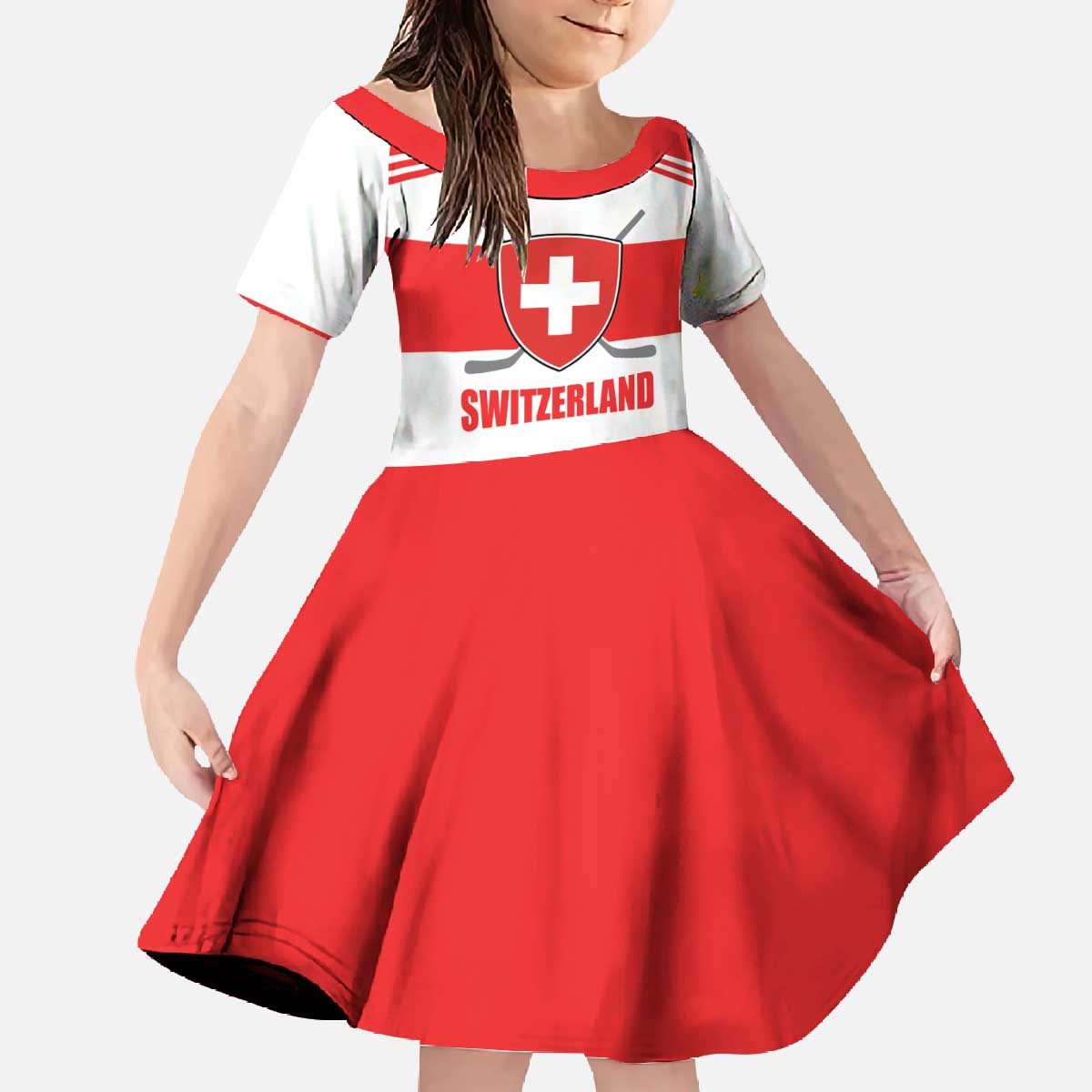 Custom Switzerland Ice Hockey Family Matching Off The Shoulder Long Sleeve Dress and Hawaiian Shirt Come on La Nati