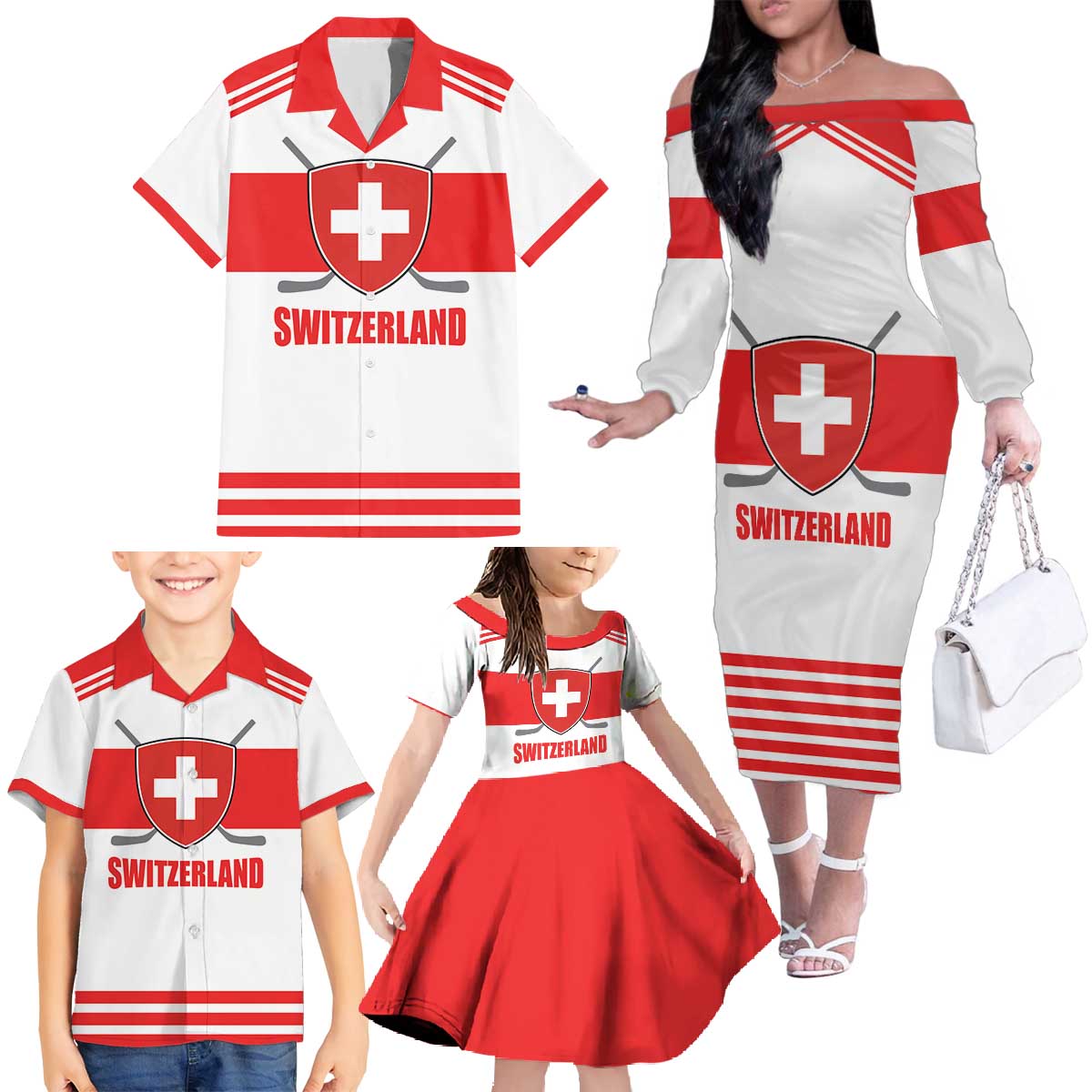 Custom Switzerland Ice Hockey Family Matching Off The Shoulder Long Sleeve Dress and Hawaiian Shirt Come on La Nati