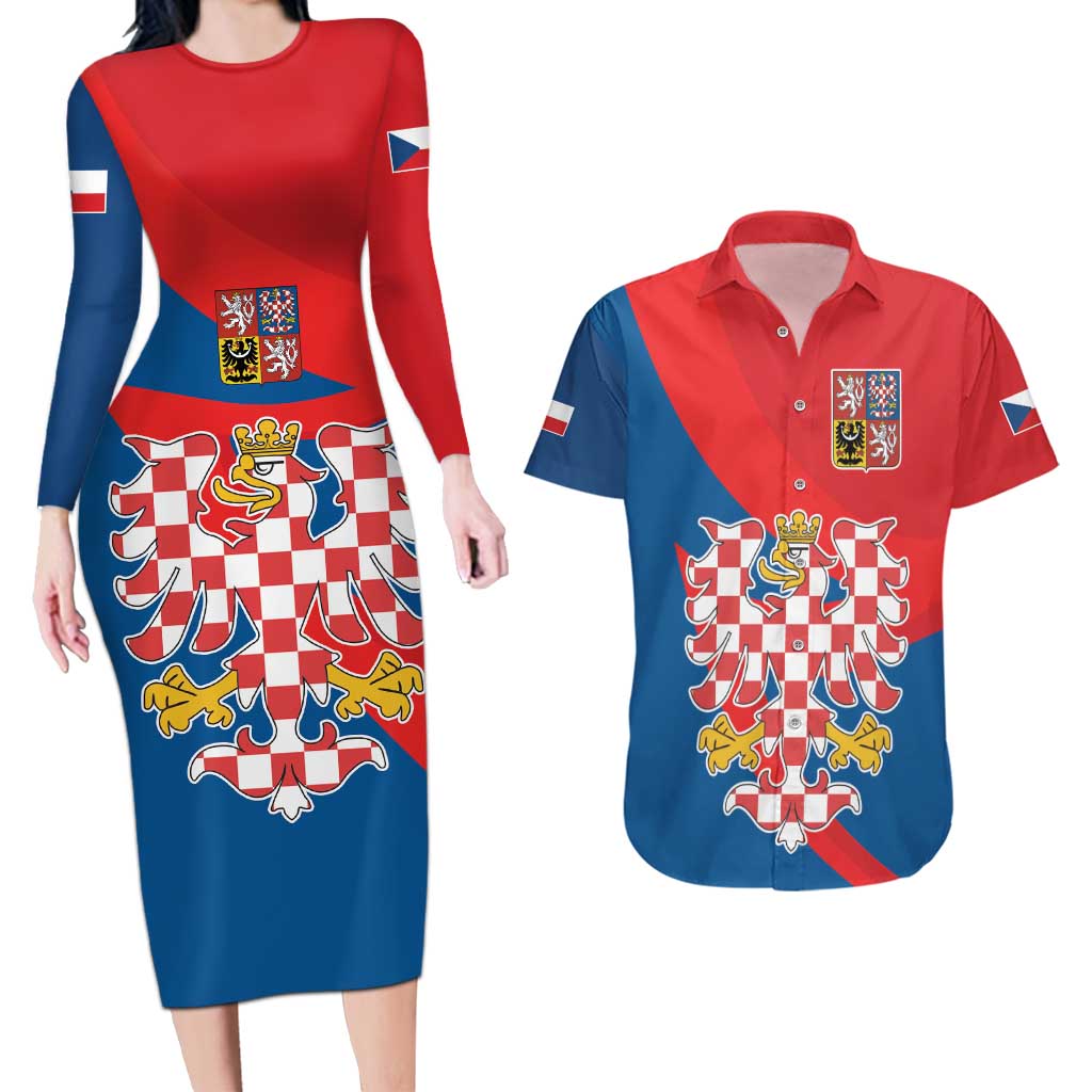 Personalized Coat of Arms of Moravia Couples Matching Long Sleeve Bodycon Dress and Hawaiian Shirt Gold-crowned White Red Checkered Eagle