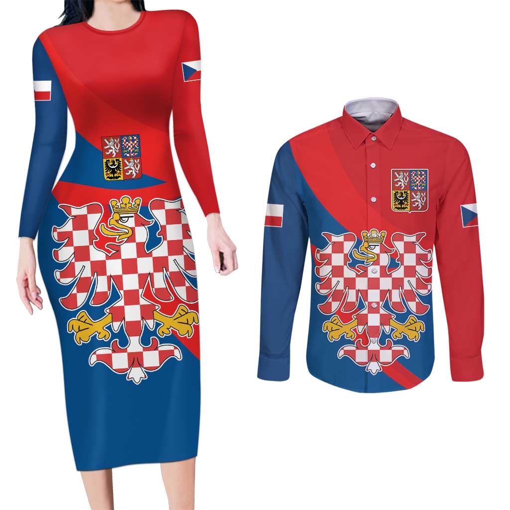 Personalized Coat of Arms of Moravia Couples Matching Long Sleeve Bodycon Dress and Long Sleeve Button Shirt Gold-crowned White Red Checkered Eagle