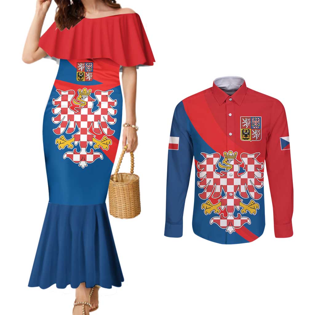 Personalized Coat of Arms of Moravia Couples Matching Mermaid Dress and Long Sleeve Button Shirt Gold-crowned White Red Checkered Eagle