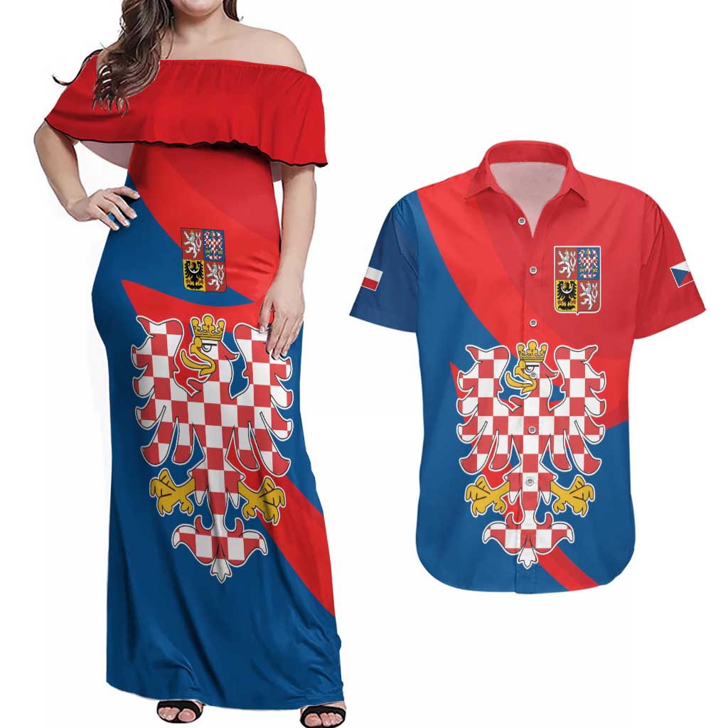 Personalized Coat of Arms of Moravia Couples Matching Off Shoulder Maxi Dress and Hawaiian Shirt Gold-crowned White Red Checkered Eagle