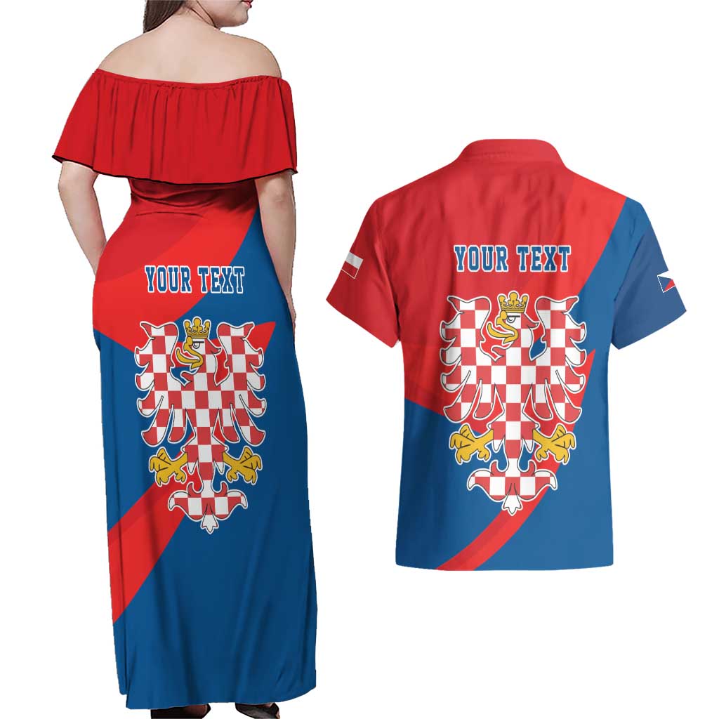 Personalized Coat of Arms of Moravia Couples Matching Off Shoulder Maxi Dress and Hawaiian Shirt Gold-crowned White Red Checkered Eagle