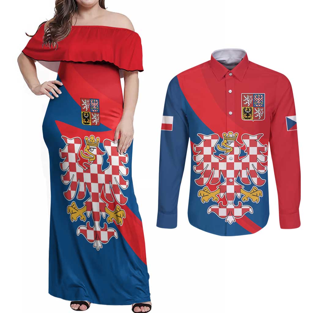 Personalized Coat of Arms of Moravia Couples Matching Off Shoulder Maxi Dress and Long Sleeve Button Shirt Gold-crowned White Red Checkered Eagle