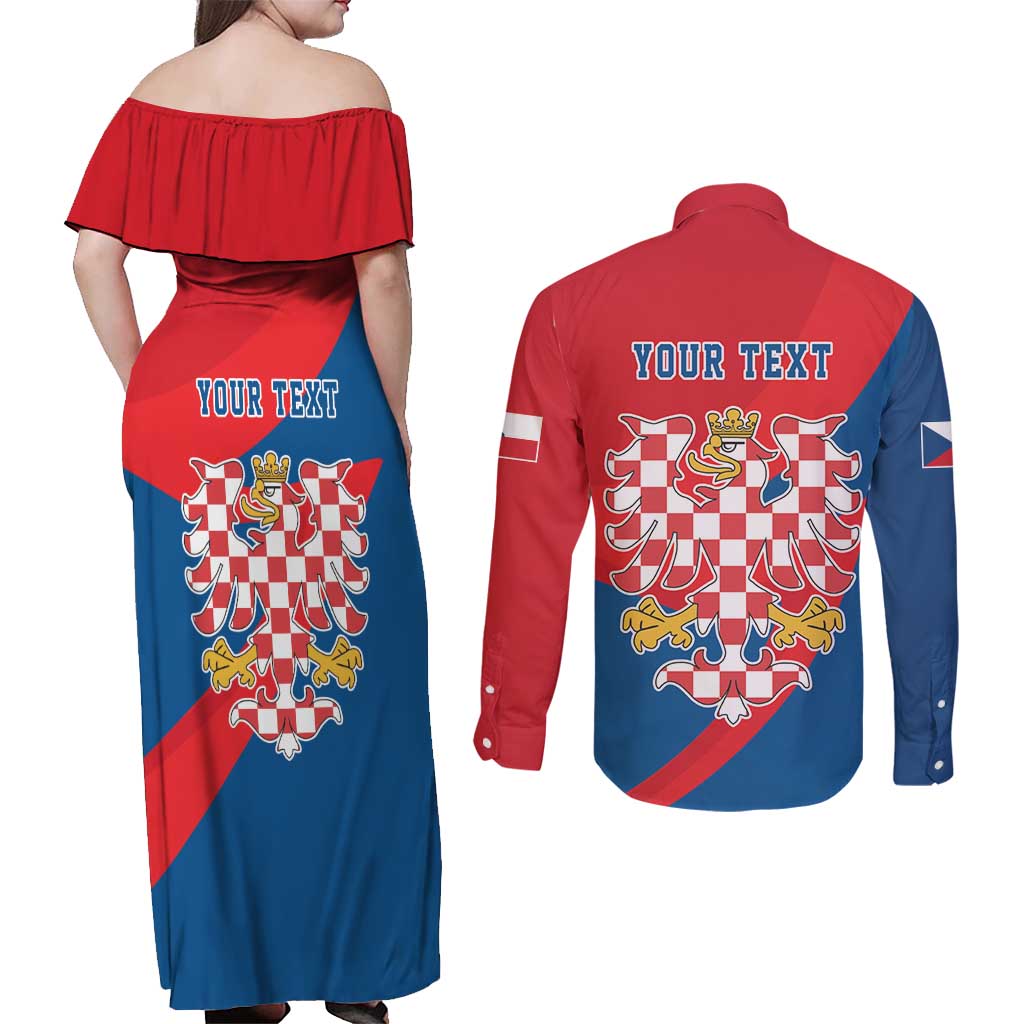 Personalized Coat of Arms of Moravia Couples Matching Off Shoulder Maxi Dress and Long Sleeve Button Shirt Gold-crowned White Red Checkered Eagle