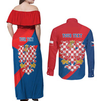 Personalized Coat of Arms of Moravia Couples Matching Off Shoulder Maxi Dress and Long Sleeve Button Shirt Gold-crowned White Red Checkered Eagle