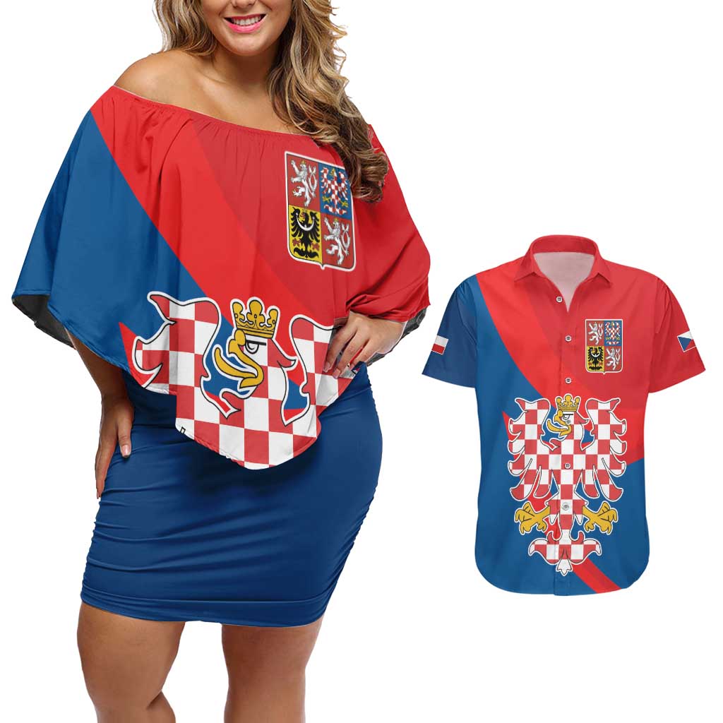 Personalized Coat of Arms of Moravia Couples Matching Off Shoulder Short Dress and Hawaiian Shirt Gold-crowned White Red Checkered Eagle