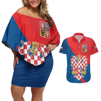 Personalized Coat of Arms of Moravia Couples Matching Off Shoulder Short Dress and Hawaiian Shirt Gold-crowned White Red Checkered Eagle